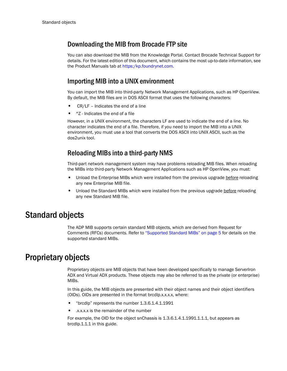 Downloading the mib from brocade ftp site, Importing mib into a unix environment, Reloading mibs into a third-party nms | Standard objects, Proprietary objects | Brocade Virtual ADX MIB Reference (Supporting ADX v03.1.00) User Manual | Page 14 / 288