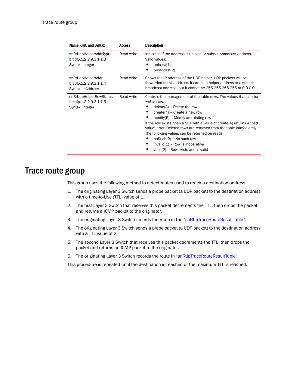 Trace route group | Brocade Virtual ADX MIB Reference (Supporting ADX v03.1.00) User Manual | Page 140 / 288