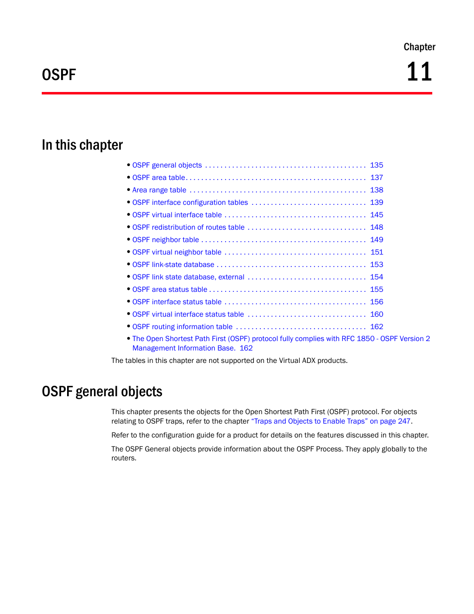 Ospf, Ospf general objects, Chapter 11 | Brocade Virtual ADX MIB Reference (Supporting ADX v03.1.00) User Manual | Page 147 / 288