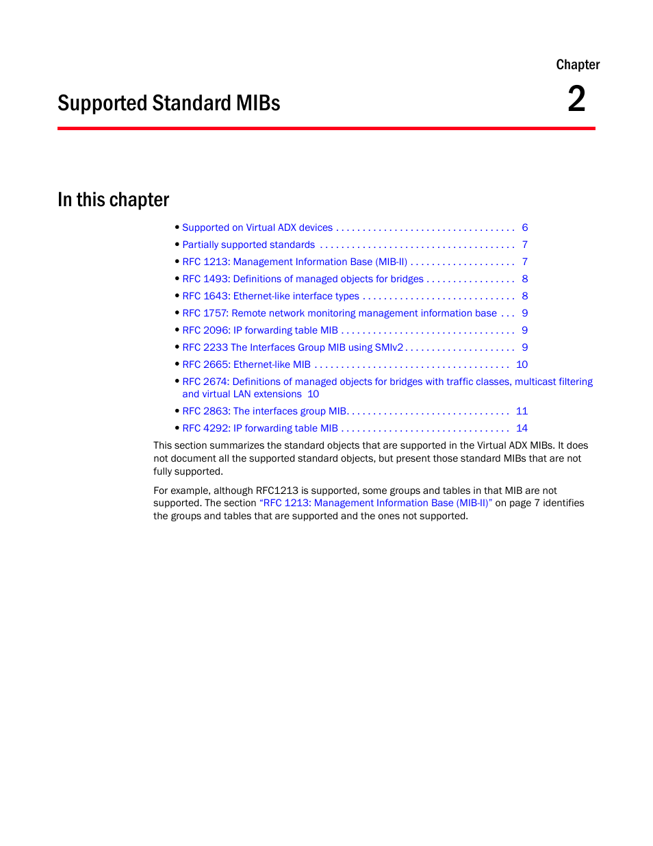 Supported standard mibs, Chapter 2 | Brocade Virtual ADX MIB Reference (Supporting ADX v03.1.00) User Manual | Page 17 / 288