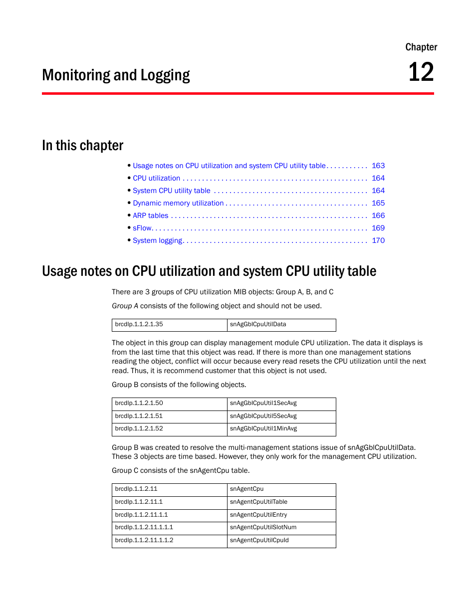 Monitoring and logging, Chapter 12, Chapter | Brocade Virtual ADX MIB Reference (Supporting ADX v03.1.00) User Manual | Page 175 / 288