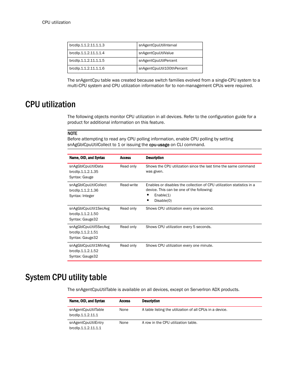 Cpu utilization, System cpu utility table | Brocade Virtual ADX MIB Reference (Supporting ADX v03.1.00) User Manual | Page 176 / 288