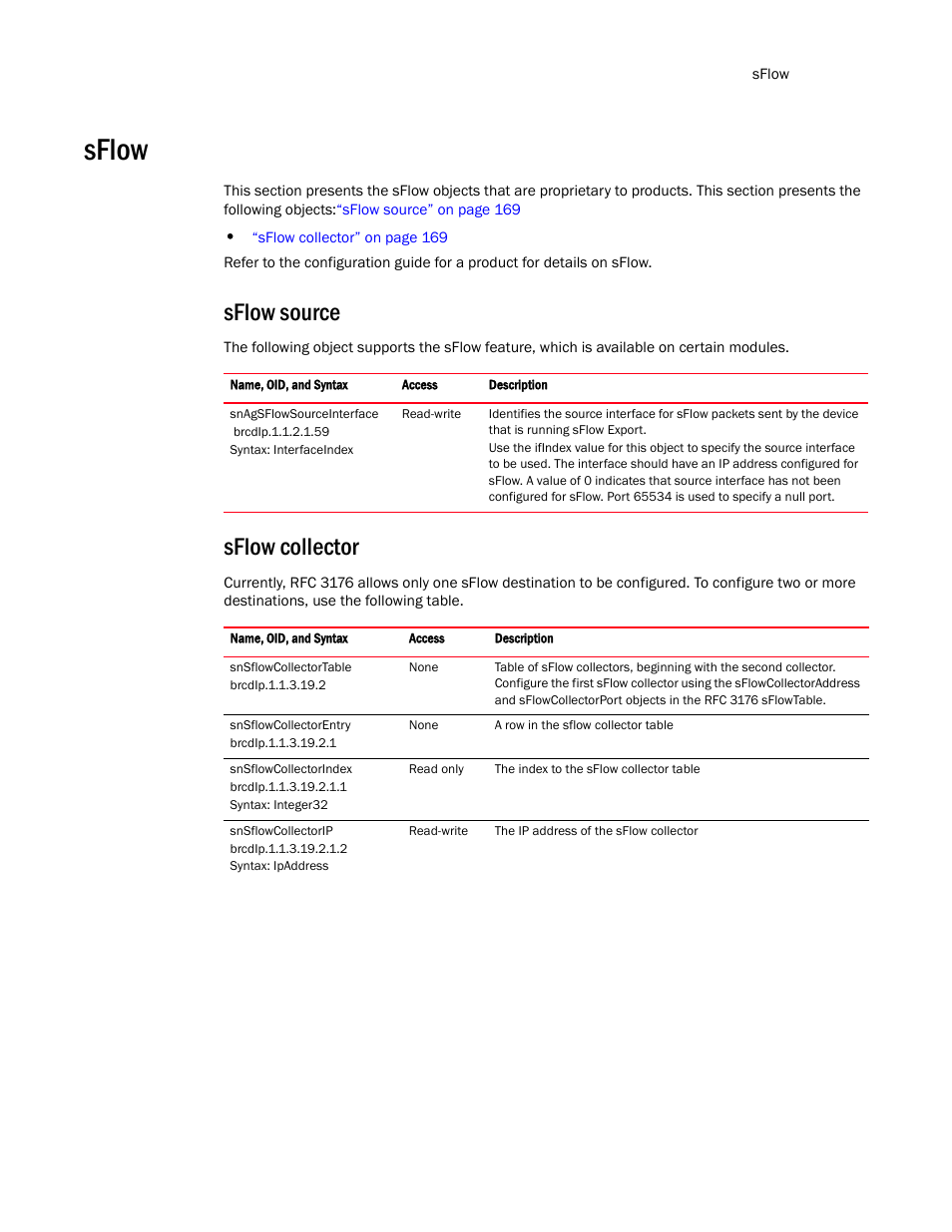 Sflow, Sflow source, Sflow collector | Brocade Virtual ADX MIB Reference (Supporting ADX v03.1.00) User Manual | Page 181 / 288