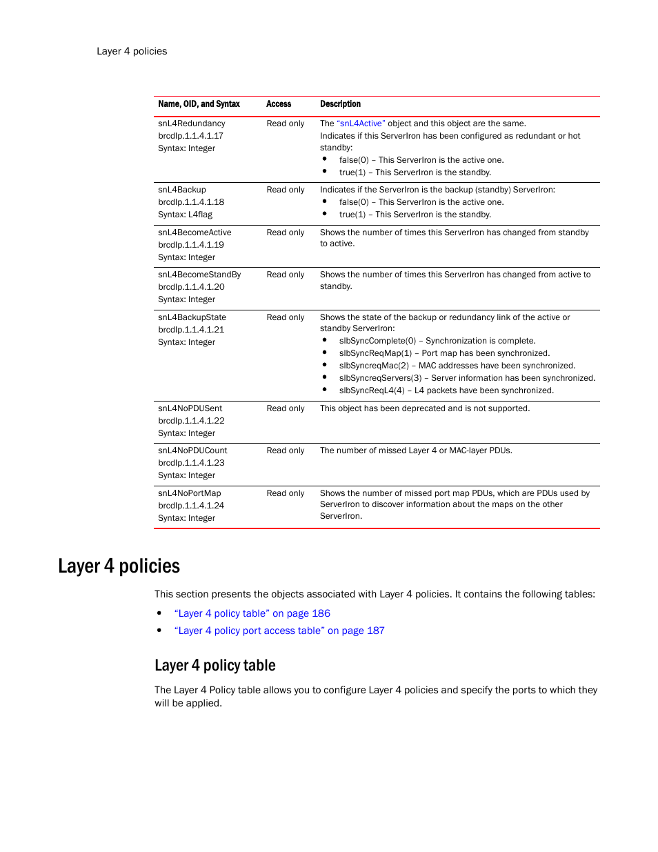 Layer 4 policies, Layer 4 policy table | Brocade Virtual ADX MIB Reference (Supporting ADX v03.1.00) User Manual | Page 198 / 288