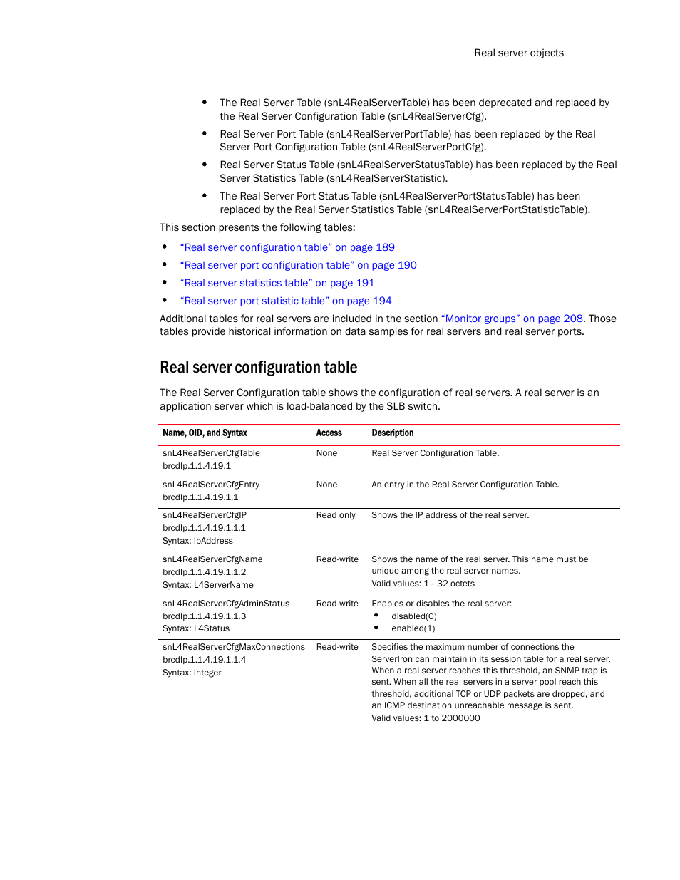 Real server configuration table | Brocade Virtual ADX MIB Reference (Supporting ADX v03.1.00) User Manual | Page 201 / 288