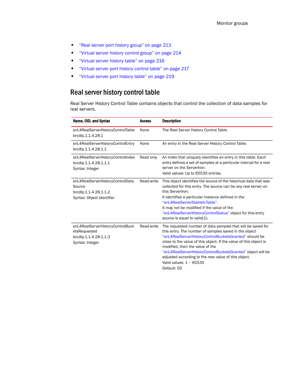 Real server history control table | Brocade Virtual ADX MIB Reference (Supporting ADX v03.1.00) User Manual | Page 221 / 288