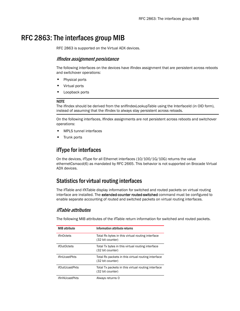 Rfc 2863: the interfaces group mib, Iftype for interfaces, Statistics for virtual routing interfaces | Ifindex assignment persistance, Iftable attributes | Brocade Virtual ADX MIB Reference (Supporting ADX v03.1.00) User Manual | Page 23 / 288