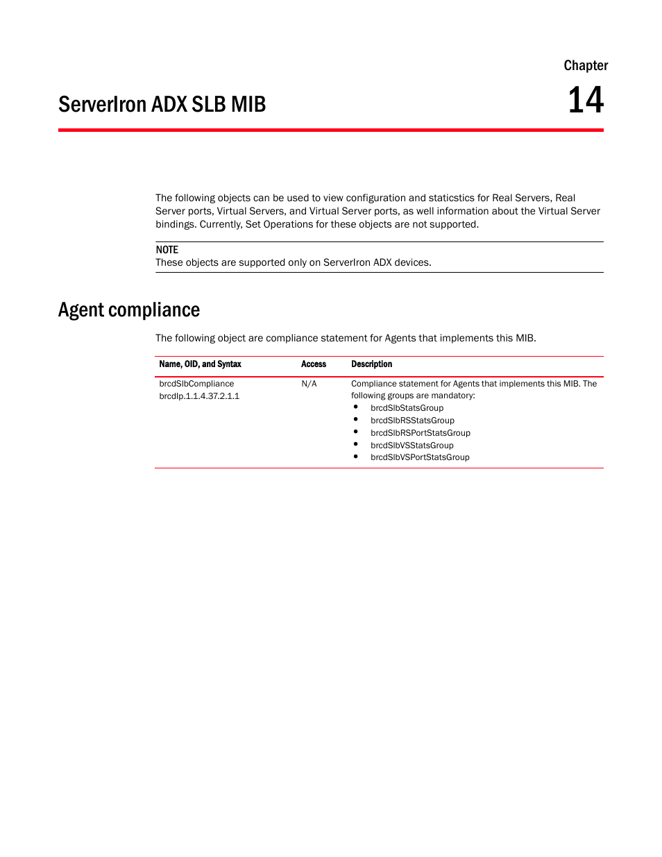 Serveriron adx slb mib, Agent compliance, Chapter 14 | Brocade Virtual ADX MIB Reference (Supporting ADX v03.1.00) User Manual | Page 233 / 288