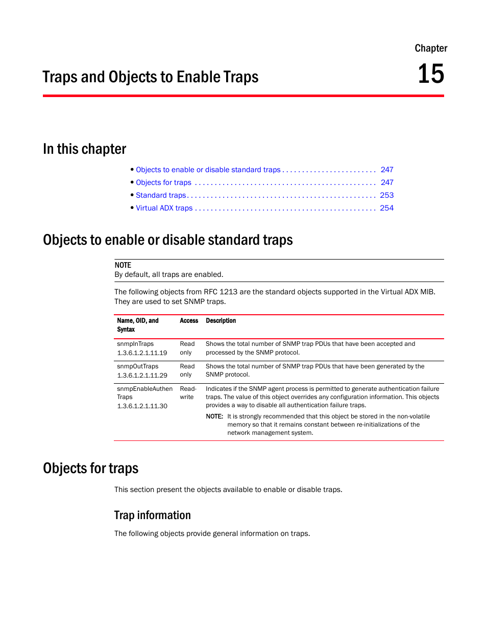 Traps and objects to enable traps, Objects to enable or disable standard traps, Objects for traps | Trap information, Chapter 15, Traps | Brocade Virtual ADX MIB Reference (Supporting ADX v03.1.00) User Manual | Page 259 / 288