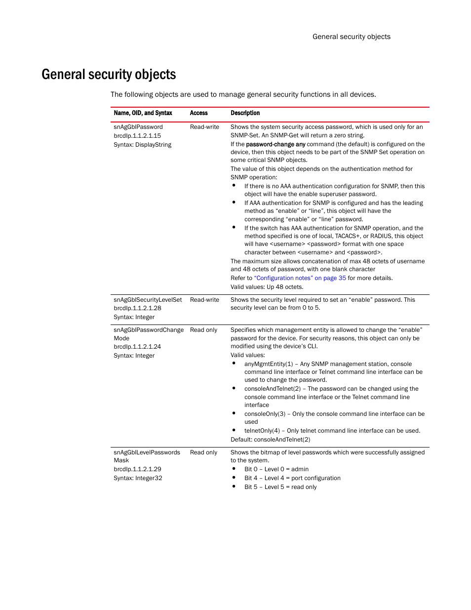 General security objects | Brocade Virtual ADX MIB Reference (Supporting ADX v03.1.00) User Manual | Page 45 / 288