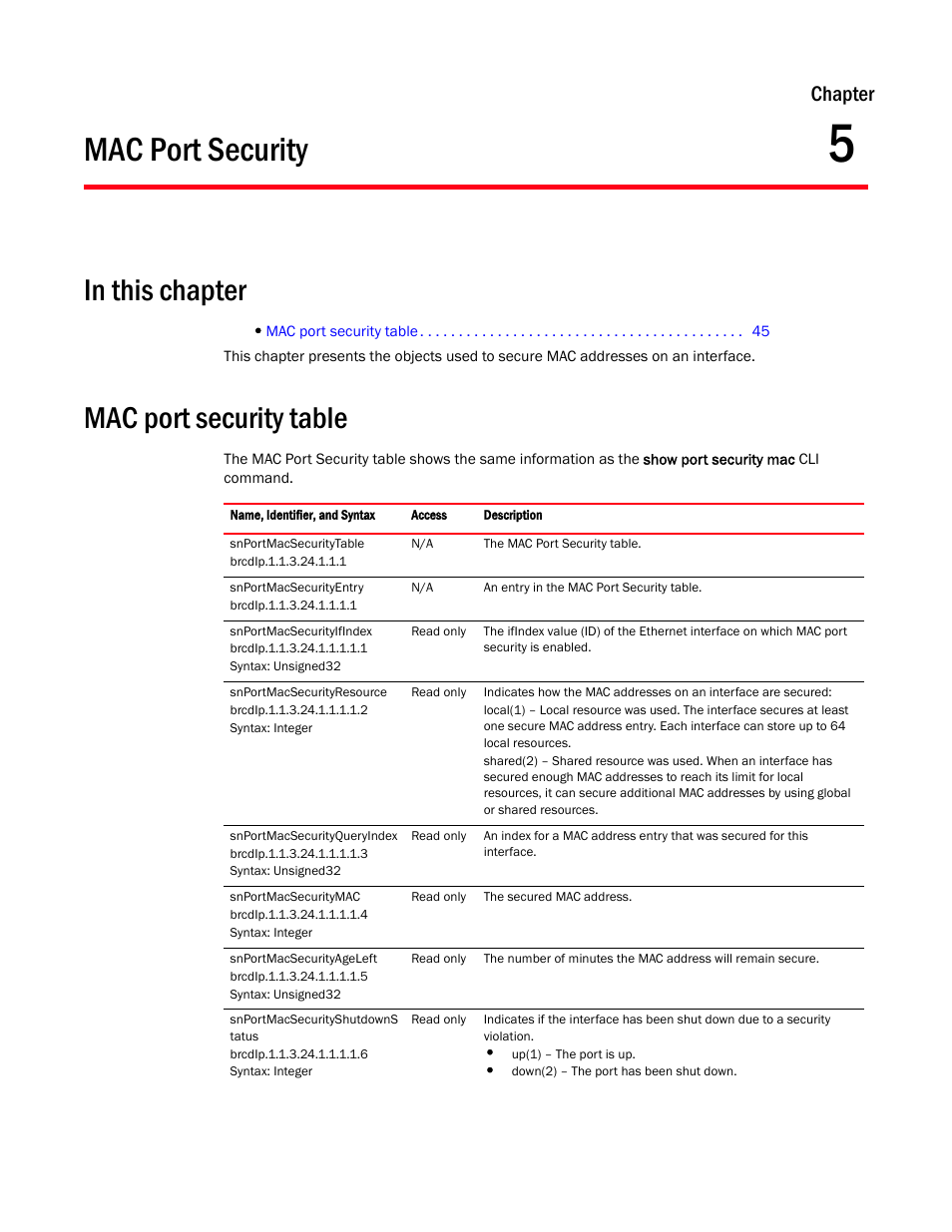 Mac port security, Mac port security table, Chapter 5 | Chapter | Brocade Virtual ADX MIB Reference (Supporting ADX v03.1.00) User Manual | Page 57 / 288