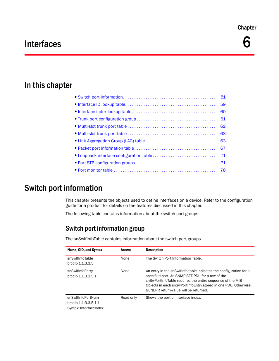 Interfaces, Switch port information, Switch port information group | Chapter 6, Chapter | Brocade Virtual ADX MIB Reference (Supporting ADX v03.1.00) User Manual | Page 63 / 288