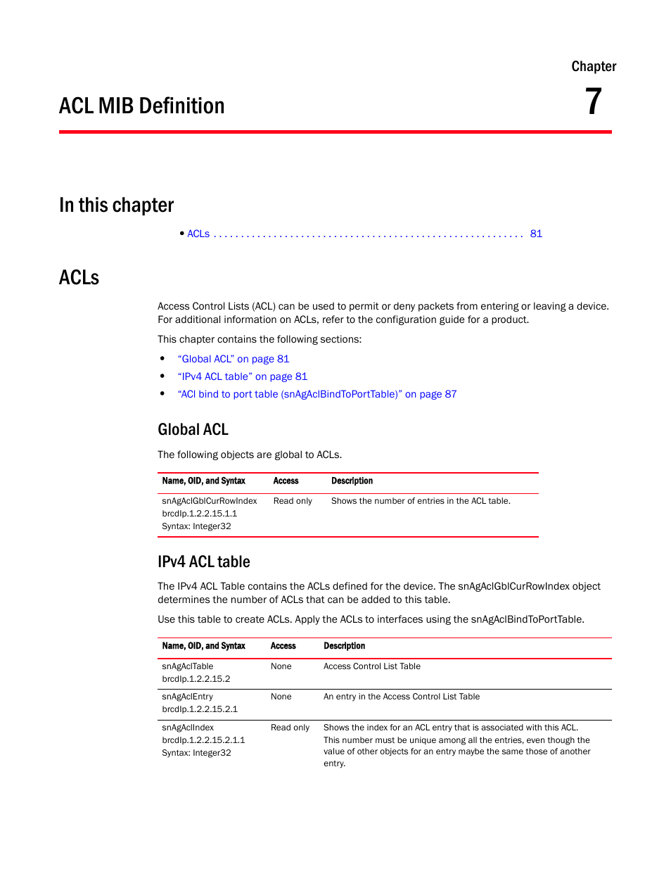 Acl mib definition, Acls, Global acl | Ipv4 acl table, Chapter 7, Chapter | Brocade Virtual ADX MIB Reference (Supporting ADX v03.1.00) User Manual | Page 93 / 288