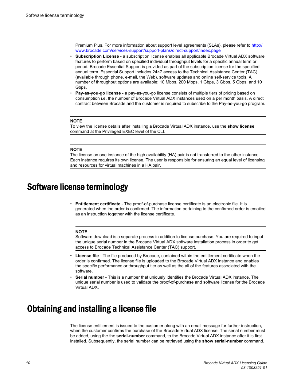 Software license terminology, Obtaining and installing a license file | Brocade Virtual ADX Licensing Guide (Supporting ADX v03.1.00) User Manual | Page 10 / 20