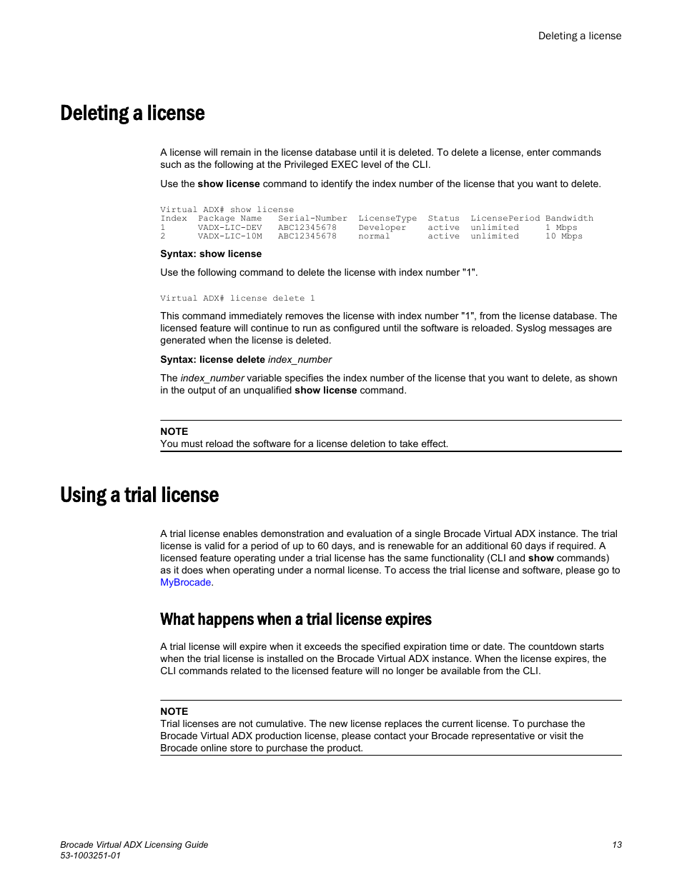 Deleting a license, Using a trial license, What happens when a trial license expires | Deleting a license using a trial license | Brocade Virtual ADX Licensing Guide (Supporting ADX v03.1.00) User Manual | Page 13 / 20