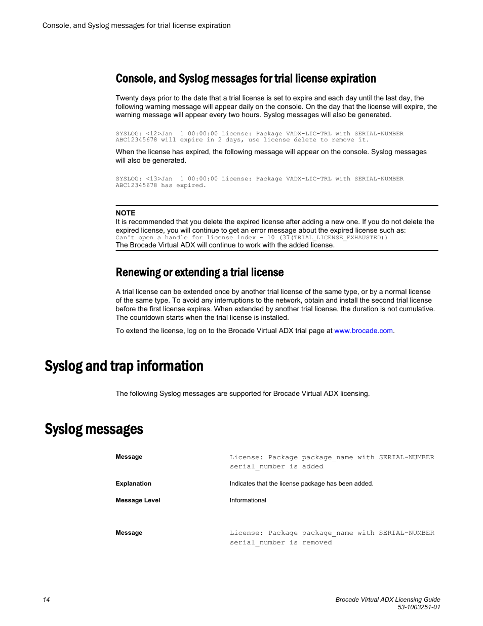 Renewing or extending a trial license, Syslog and trap information, Syslog messages | Syslog and trap information syslog messages | Brocade Virtual ADX Licensing Guide (Supporting ADX v03.1.00) User Manual | Page 14 / 20