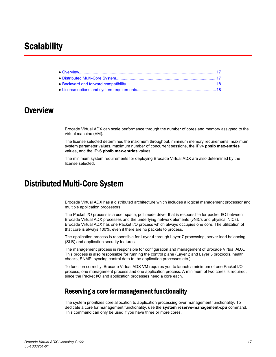 Scalability, Overview, Distributed multi-core system | Reserving a core for management functionality, Overview distributed multi-core system | Brocade Virtual ADX Licensing Guide (Supporting ADX v03.1.00) User Manual | Page 17 / 20