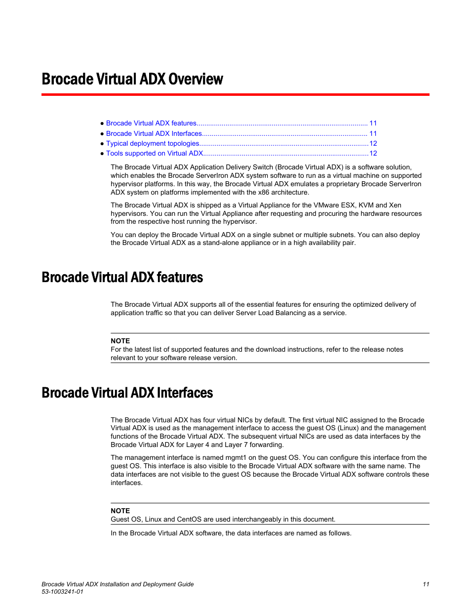 Brocade virtual adx overview, Brocade virtual adx features, Brocade virtual adx interfaces | Brocade Virtual ADX Installation and Deployment Guide (Supporting ADX v03.1.00) User Manual | Page 11 / 78