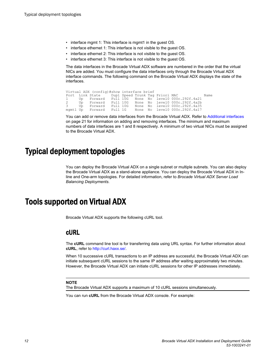 Typical deployment topologies, Tools supported on virtual adx, Curl | Brocade Virtual ADX Installation and Deployment Guide (Supporting ADX v03.1.00) User Manual | Page 12 / 78