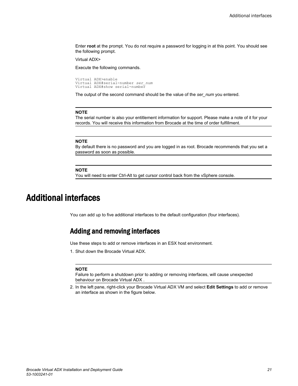 Additional interfaces, Adding and removing interfaces | Brocade Virtual ADX Installation and Deployment Guide (Supporting ADX v03.1.00) User Manual | Page 21 / 78