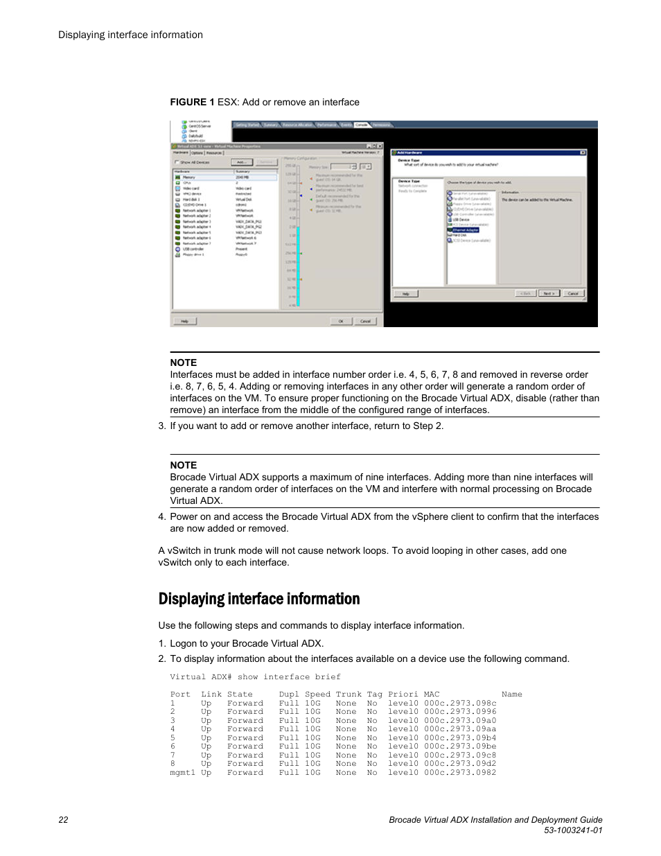 Displaying interface information | Brocade Virtual ADX Installation and Deployment Guide (Supporting ADX v03.1.00) User Manual | Page 22 / 78