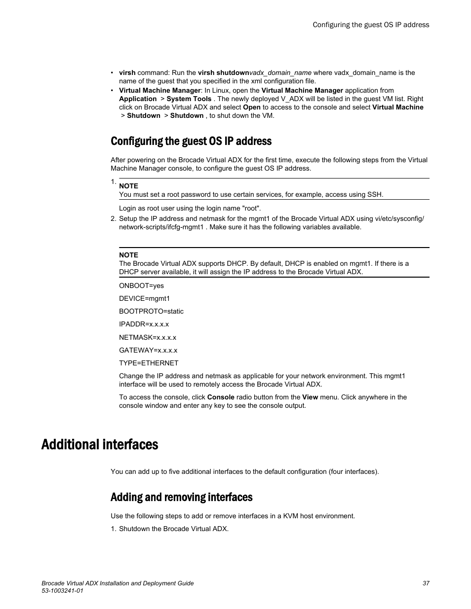 Configuring the guest os ip address, Additional interfaces, Adding and removing interfaces | Brocade Virtual ADX Installation and Deployment Guide (Supporting ADX v03.1.00) User Manual | Page 37 / 78