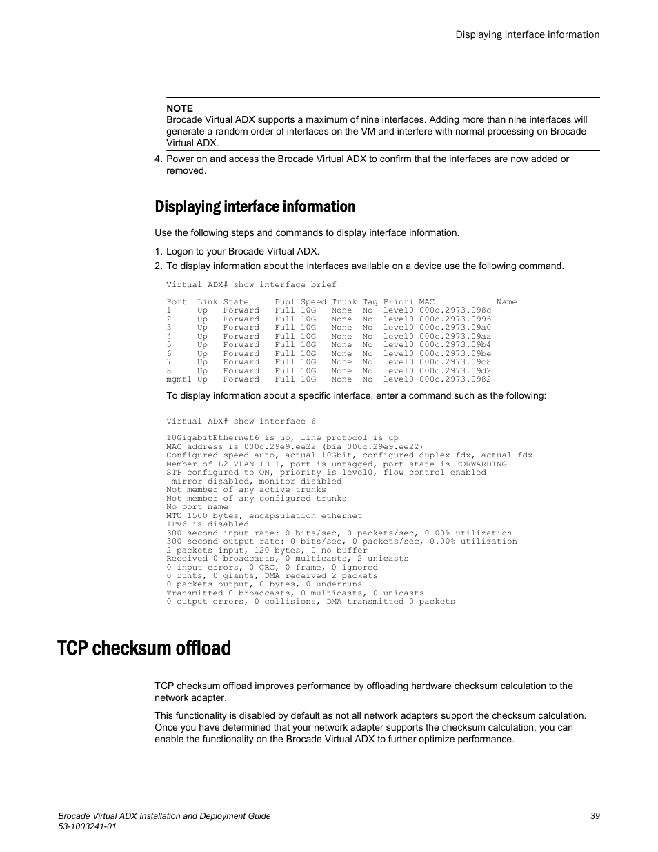 Displaying interface information, Tcp checksum offload | Brocade Virtual ADX Installation and Deployment Guide (Supporting ADX v03.1.00) User Manual | Page 39 / 78