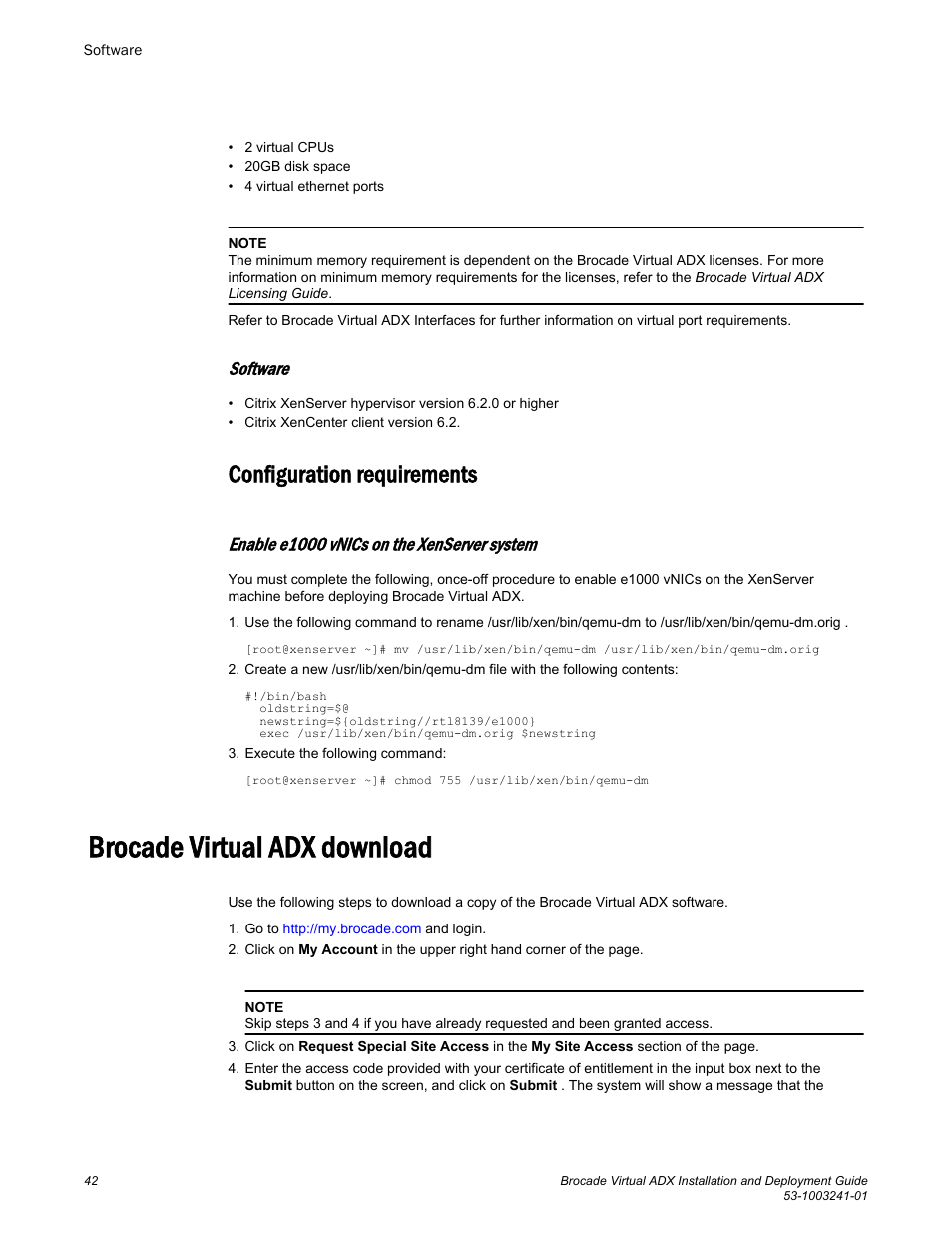 Software, Configuration requirements, Enable e1000 vnics on the xenserver system | Brocade virtual adx download | Brocade Virtual ADX Installation and Deployment Guide (Supporting ADX v03.1.00) User Manual | Page 42 / 78