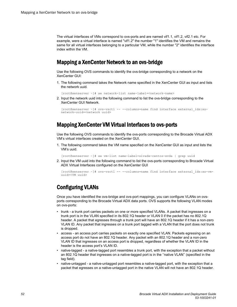 Mapping a xencenter network to an ovs-bridge, Configuring vlans | Brocade Virtual ADX Installation and Deployment Guide (Supporting ADX v03.1.00) User Manual | Page 52 / 78