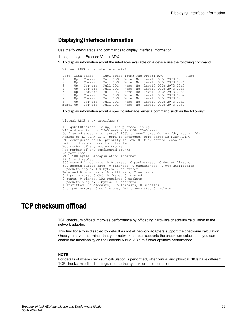 Displaying interface information, Tcp checksum offload | Brocade Virtual ADX Installation and Deployment Guide (Supporting ADX v03.1.00) User Manual | Page 55 / 78