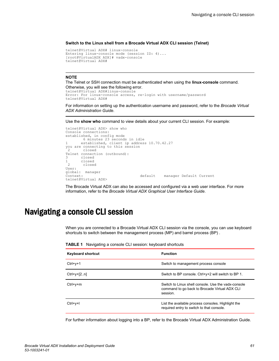 Navigating a console cli session | Brocade Virtual ADX Installation and Deployment Guide (Supporting ADX v03.1.00) User Manual | Page 61 / 78