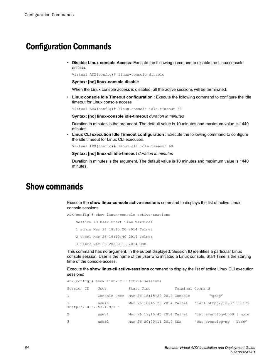 Configuration commands, Show commands, Configuration commands show commands | Brocade Virtual ADX Installation and Deployment Guide (Supporting ADX v03.1.00) User Manual | Page 64 / 78