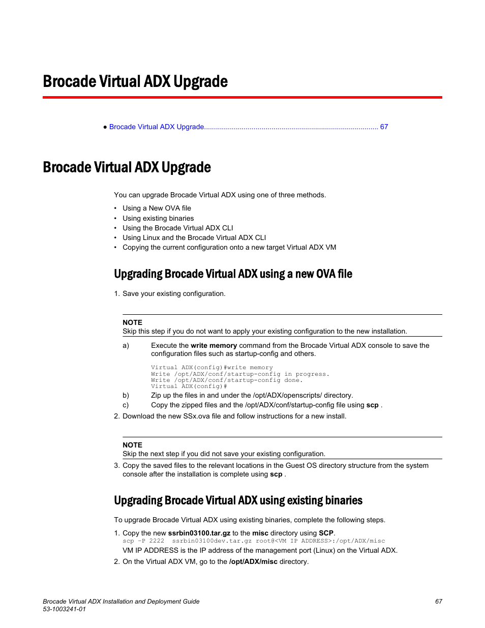 Brocade virtual adx upgrade, Upgrading brocade virtual adx using a new ova file | Brocade Virtual ADX Installation and Deployment Guide (Supporting ADX v03.1.00) User Manual | Page 67 / 78