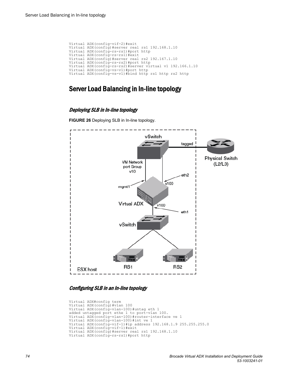 Server load balancing in in-line topology, Deploying slb in in-line topology, Configuring slb in an in-line topology | Brocade Virtual ADX Installation and Deployment Guide (Supporting ADX v03.1.00) User Manual | Page 74 / 78