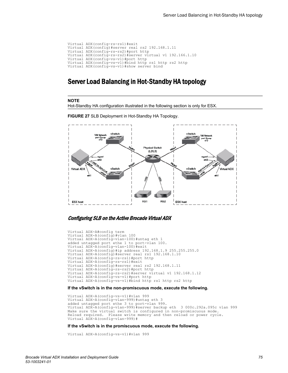 Server load balancing in hot-standby ha topology, Configuring slb on the active brocade virtual adx | Brocade Virtual ADX Installation and Deployment Guide (Supporting ADX v03.1.00) User Manual | Page 75 / 78