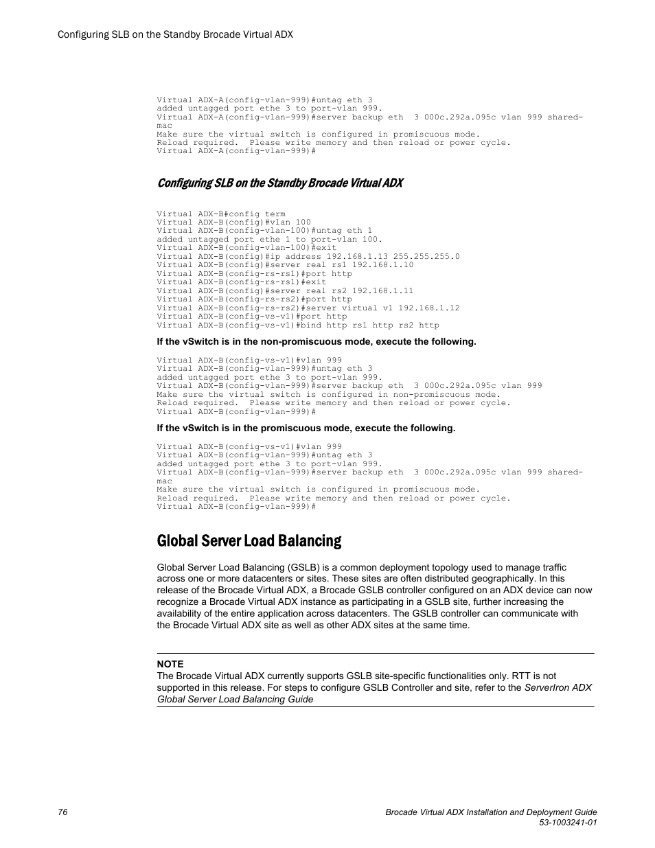 Configuring slb on the standby brocade virtual adx, Global server load balancing | Brocade Virtual ADX Installation and Deployment Guide (Supporting ADX v03.1.00) User Manual | Page 76 / 78