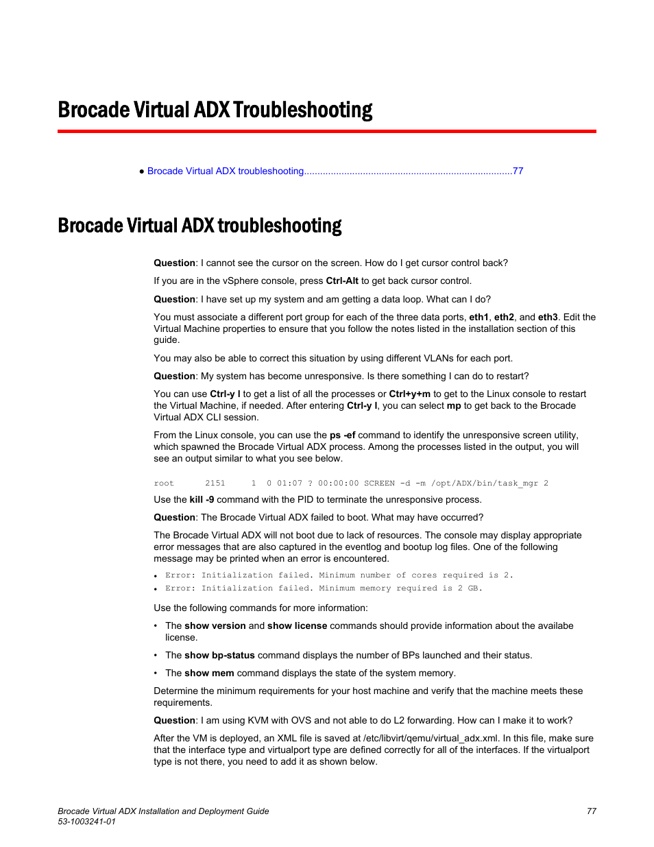 Brocade virtual adx troubleshooting | Brocade Virtual ADX Installation and Deployment Guide (Supporting ADX v03.1.00) User Manual | Page 77 / 78