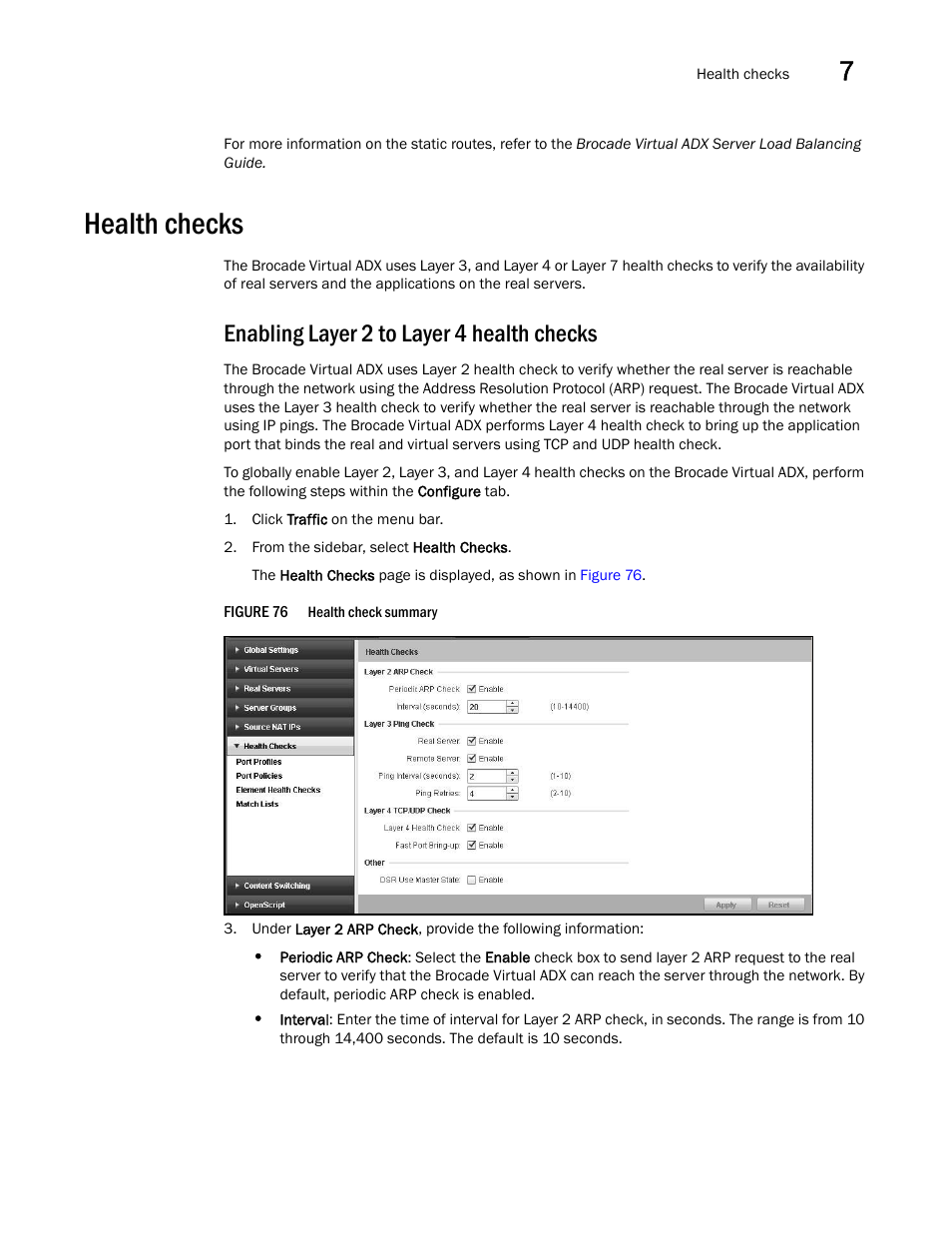 Health checks, Enabling layer 2 to layer 4 health checks | Brocade Virtual ADX Graphical User Interface Guide (Supporting ADX v03.1.00) User Manual | Page 103 / 330