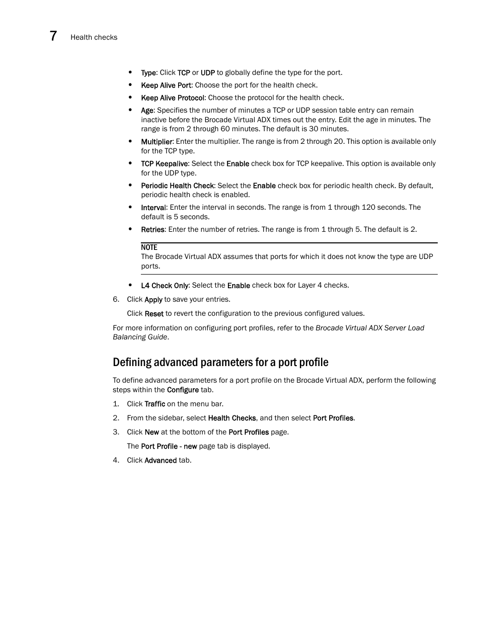 Defining advanced parameters for a port profile | Brocade Virtual ADX Graphical User Interface Guide (Supporting ADX v03.1.00) User Manual | Page 106 / 330