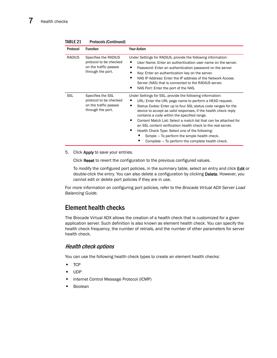 Element health checks, Health check options | Brocade Virtual ADX Graphical User Interface Guide (Supporting ADX v03.1.00) User Manual | Page 110 / 330