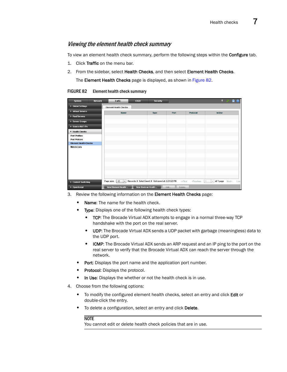 Viewing the element health check summary | Brocade Virtual ADX Graphical User Interface Guide (Supporting ADX v03.1.00) User Manual | Page 111 / 330