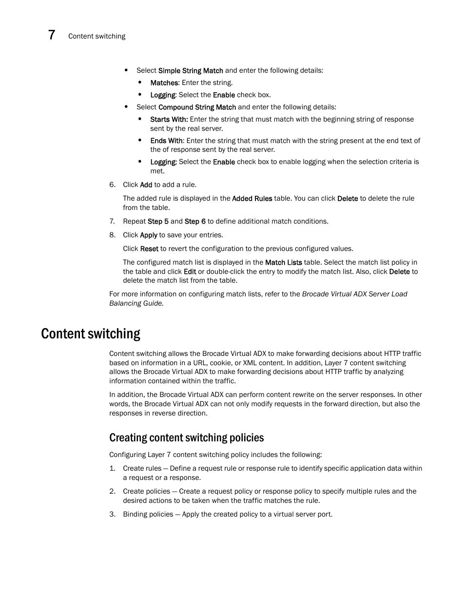 Content switching, Creating content switching policies | Brocade Virtual ADX Graphical User Interface Guide (Supporting ADX v03.1.00) User Manual | Page 118 / 330