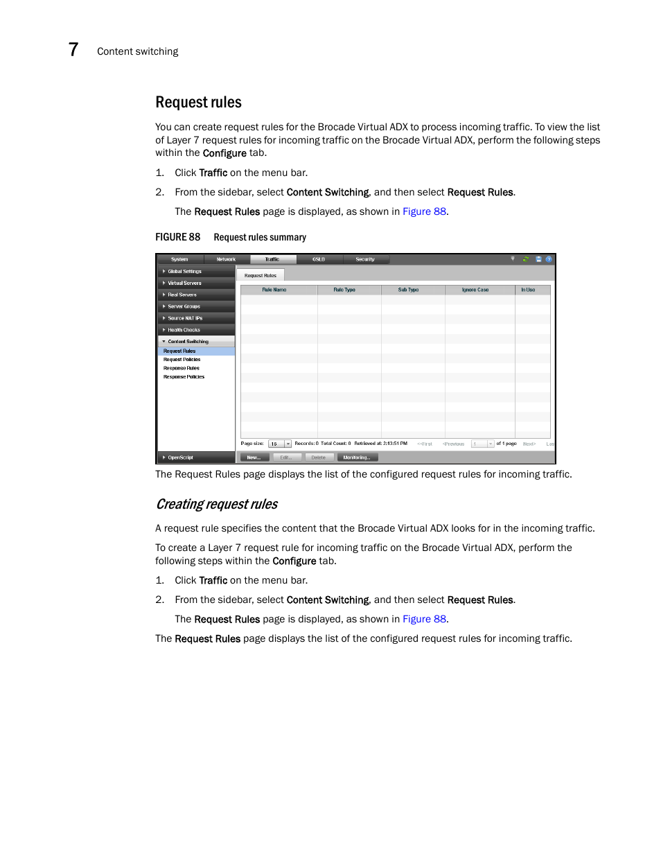 Request rules, Creating request rules | Brocade Virtual ADX Graphical User Interface Guide (Supporting ADX v03.1.00) User Manual | Page 120 / 330