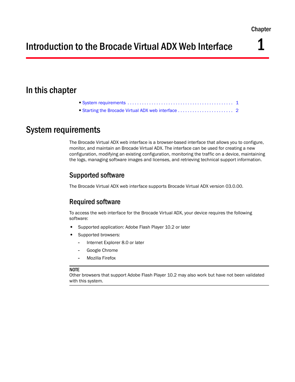 System requirements, Chapter 1, Supported software | Required software | Brocade Virtual ADX Graphical User Interface Guide (Supporting ADX v03.1.00) User Manual | Page 13 / 330