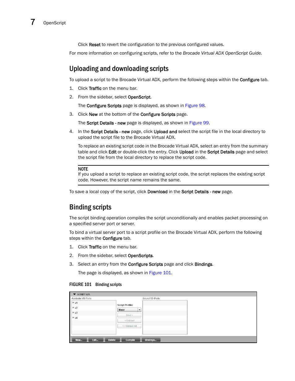 Uploading and downloading scripts, Binding scripts | Brocade Virtual ADX Graphical User Interface Guide (Supporting ADX v03.1.00) User Manual | Page 140 / 330