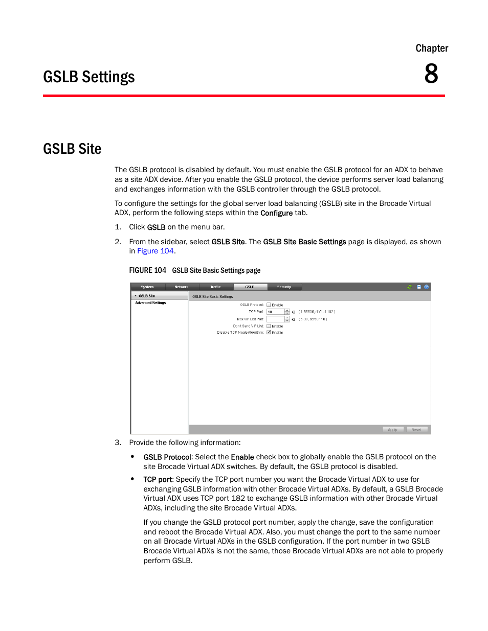 Gslb settings, Gslb site, Chapter 8 | Brocade Virtual ADX Graphical User Interface Guide (Supporting ADX v03.1.00) User Manual | Page 143 / 330