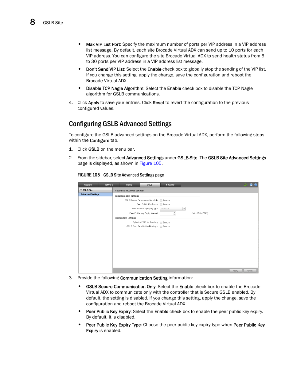 Configuring gslb advanced settings | Brocade Virtual ADX Graphical User Interface Guide (Supporting ADX v03.1.00) User Manual | Page 144 / 330