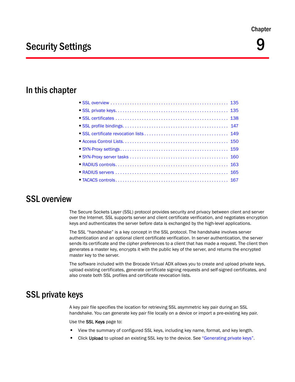 Security settings, Ssl overview, Ssl private keys | Chapter 9 | Brocade Virtual ADX Graphical User Interface Guide (Supporting ADX v03.1.00) User Manual | Page 147 / 330