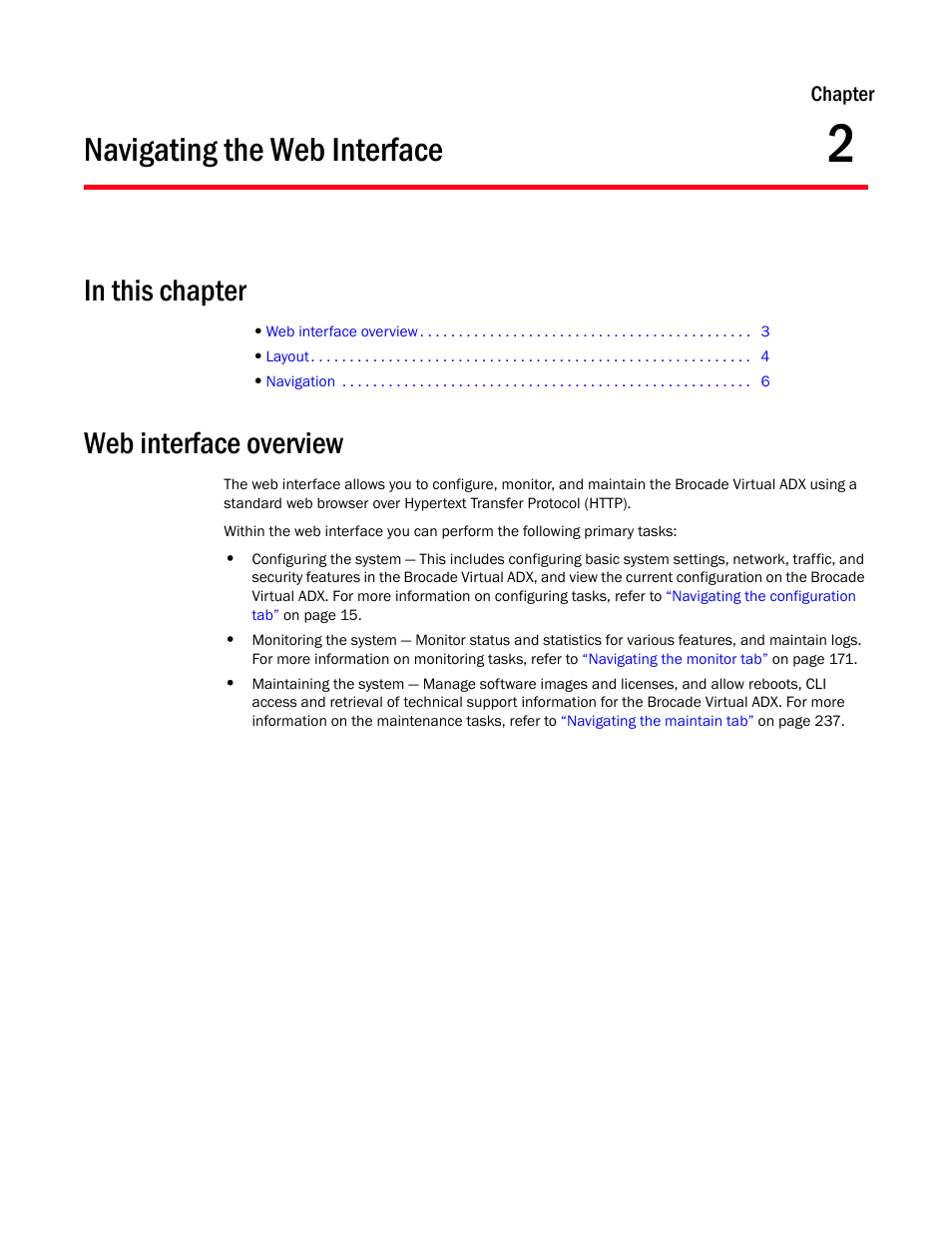 Navigating the web interface, Web interface overview, Chapter 2 | Brocade Virtual ADX Graphical User Interface Guide (Supporting ADX v03.1.00) User Manual | Page 15 / 330