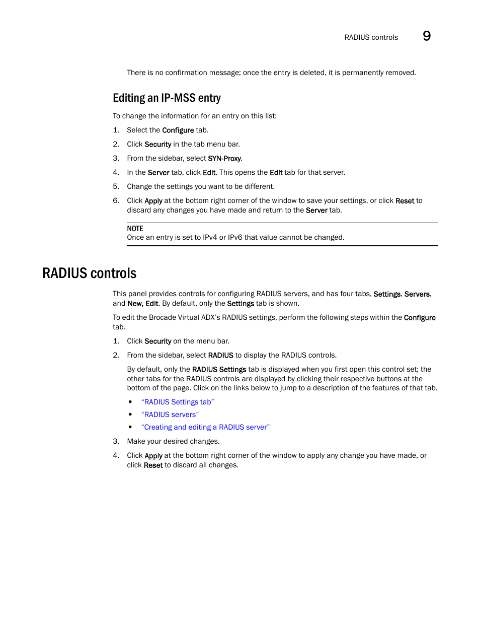 Editing an ip-mss entry, Radius controls | Brocade Virtual ADX Graphical User Interface Guide (Supporting ADX v03.1.00) User Manual | Page 175 / 330